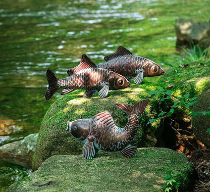 Outdoor Garden Statues Koi Fish Decor,Antique Copper Garden Sculptures & Statues for Outside,Patio,Backyard,Pond,Home,Decorations,Metal Yard Art Fish Stakes,Gifts for Mom Grandma,Set of 3