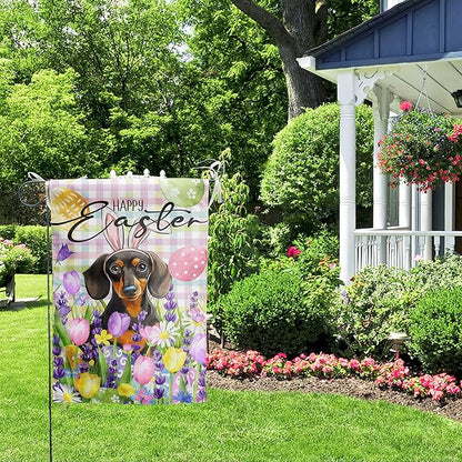 Happy Easter Dog Garden Flag Dachshund Spring Flags Buffalo Plaid Bunny Eggs Yard Flag for Outside 12x18 Double Sided Small Decorative Floral Outdoor Flag