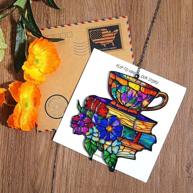 Books Teacup Handmade Artisan Resin Sun Catcher, Book Suncatchers for Window Hanging, Bookish Gifts for Readers Book Lovers Bookworm, Gift for Mother's Day, Women, Mom, Wife, Grandma