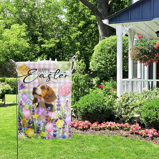 Happy Easter Dog Garden Flag Beagle Spring Flags Buffalo Plaid Bunny Eggs Yard Flag for Outside 12x18 Double Sided Small Decorative Floral Outdoor Flag