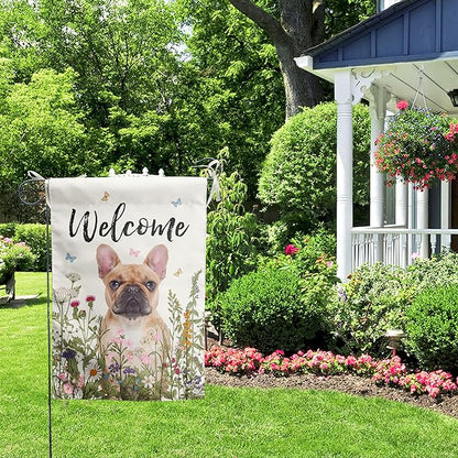 Floral French Bulldog Garden Flag Spring Summer Yard Flag Flower Dog Garden Flags for Outside Small Outdoor Welcome Flags 12x18 Double Sided