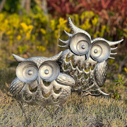 Pack of 2 Metal Owl Garden Statues Silver Silhouette Stakes Decorative Outdoor Animal Sculptures for Yard Decor and Lawn Ornaments