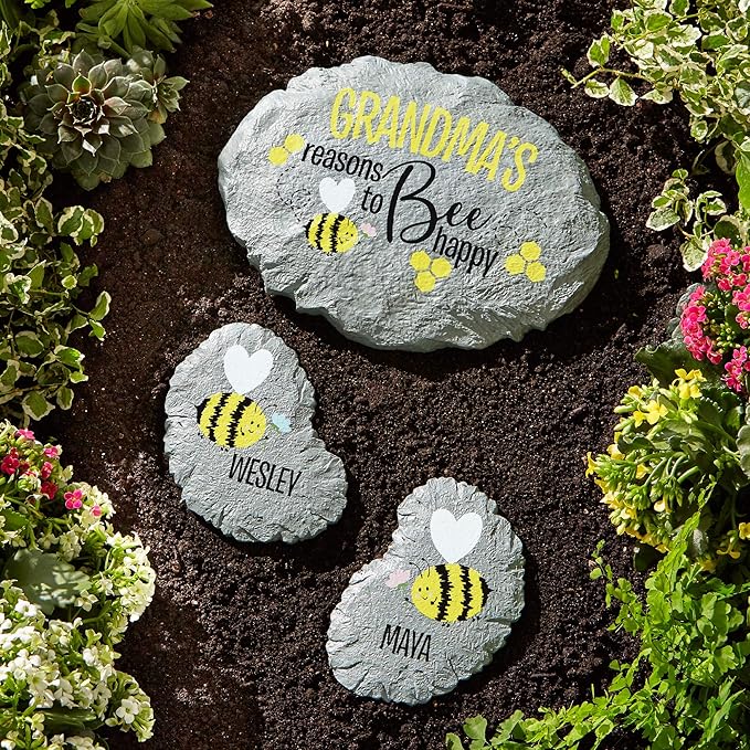 Let's Make Memories Personalized Reasons to Bee Happy Garden Stone - Garden Decor - Purple Flower Design - Small Bee Garden Stone - 6" Diameter