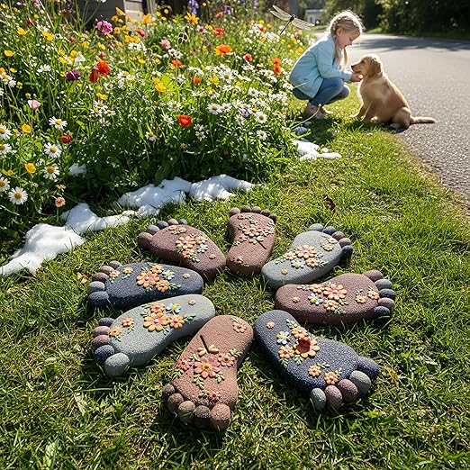 Outdoor Lawn Footprint Stepping Stones — Decorative Paving Stones Suitable for terraces, Vegetable Gardens, Gardens, or walkways， Home Decor Footprint Commemorative Stone Set (2 Pieces)