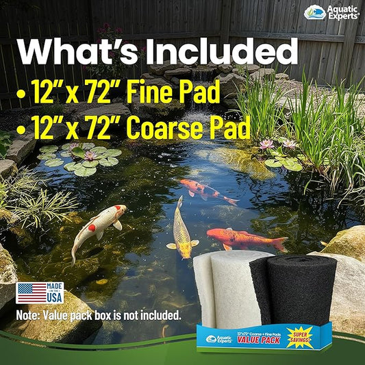 Aquatic Experts Classic Koi Pond Filter Pad Bundle – Fine & Coarse Bulk Roll Pond Filter Media, Ultra Durable Reusable Fish Pond Filter Material (Fine: 12" x 72", Coarse: 12" x 72")