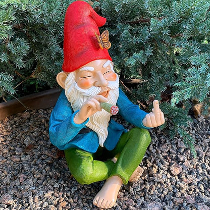 Mood Lab Funny Garden Gnome - Relaxed Smoking Statue with Middle Finger - 9.6 Inch Tall Outdoor or Indoor Decor