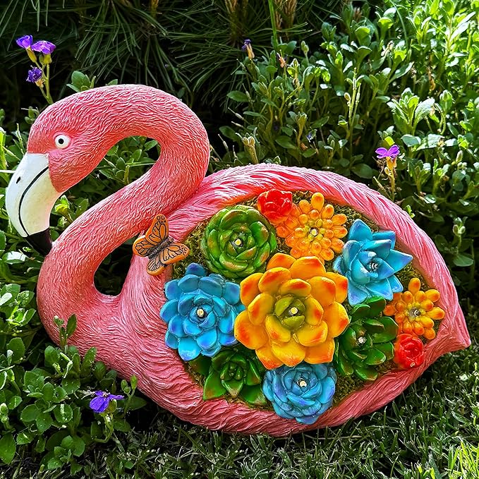 Mood Lab Garden Decor Flamingo Statue - 9 Inch Width Solar Figurine - 8 LED Solar Lights in Succulent Flowers - Yard Patio Lawn Indoor Outdoor Decoration