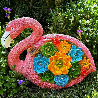 Mood Lab Garden Decor Flamingo Statue - 9 Inch Width Solar Figurine - 8 LED Solar Lights in Succulent Flowers - Yard Patio Lawn Indoor Outdoor Decoration