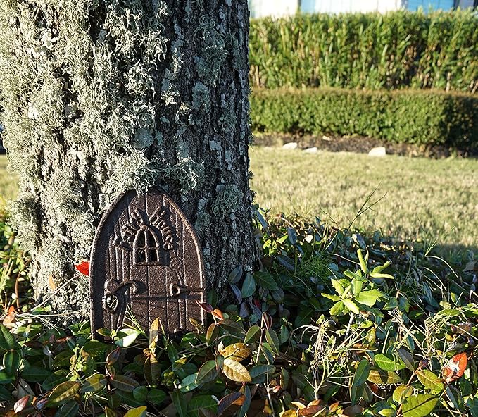 Lulu Decor 100% Cast Iron Miniature Fairy Door + 2 Windows with Glow in Dark Paint, Garden Ornament for Bottom of Trees (8 inches)