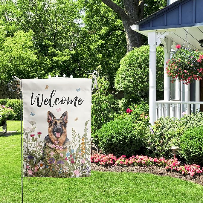 Spring Summer Garden Flag Floral German Shepherd Yard Flag Flower Dog Garden Flags for Outside Small Outdoor Welcome Flags 12x18 Double Sided