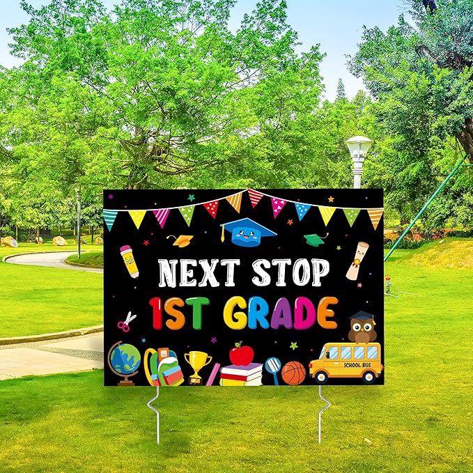 Class of 2026 Kindergarten Grad Yard Sign - Next Stop 1st Grade Graduate Lawn Sign with Stake Congrats Graduation Decorations Colorful Graduation Party Favors Supplies for Outdoor Photo Booth Props