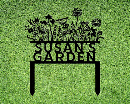 Personalized Flowers Garden Sign with Stakes, Custom Flowers Metal Garden Decor, Sign for Flower Beds, Metal Yard Art, Gift for Grandmother, Gift for Mom, Patio Garden Decorations, Housewarming Gift