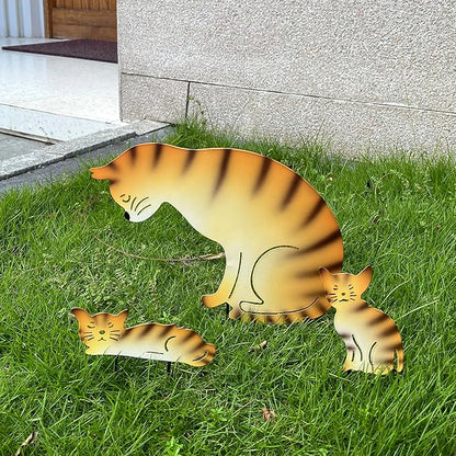 Metal Cat Family 3 Pack Garden Statues, Outdoor Decorative Silhouette Stakes for Yard and Patio Lawn Ornaments - Animal Sculpture Art (Orange)