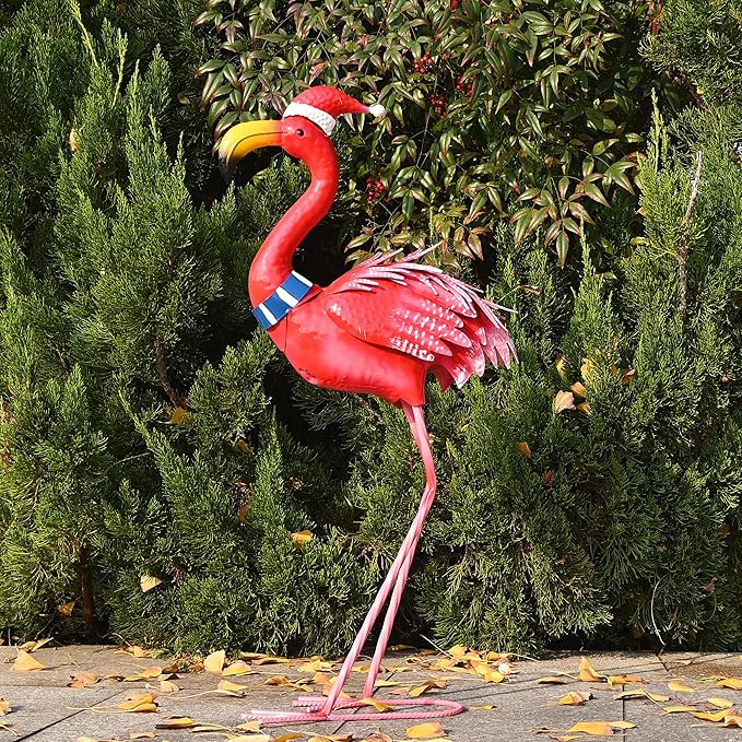 Garden Decor Christmas Flamingo Yard Art Decor Large Metal Flamingo Statues for Outdoor Indoor Decorations, Outside Patio, Pool, Lawn