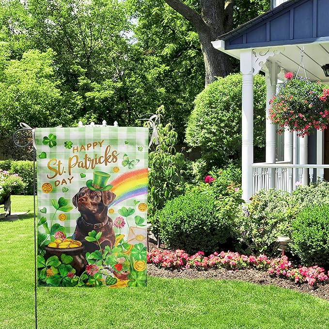 Chocolate Lab St Patricks Day Garden Flag Labrador Dog St Patrick's Day Yard Flags for Outside 12x18 Double Sided Buffalo Plaid Shamrock Flag Small Outdoor Rainbow St Patrick's Decor