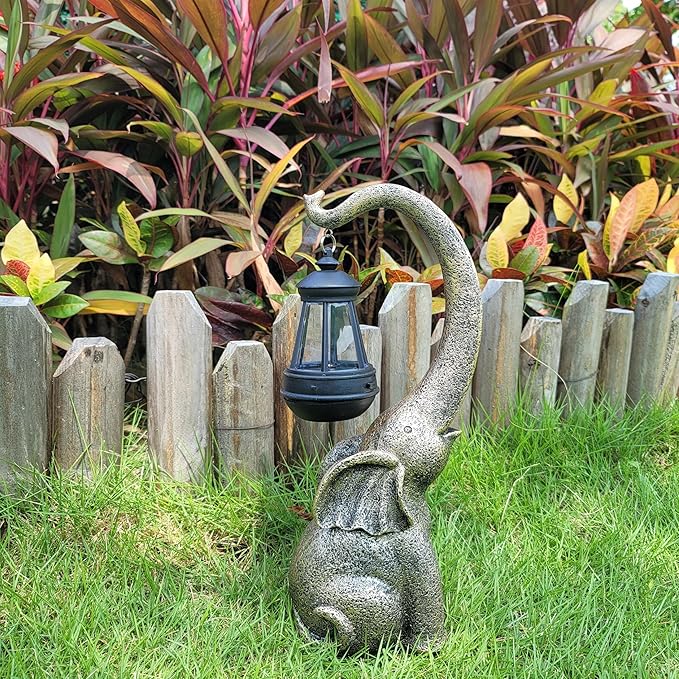 NASKY 14.76" Outdoor Sculpture Figurine Statue Solar Elephant – Stone-Look Resin Garden, Yard, Lawn, & Park Decor, Perfect Housewarming Gift for Family, Friends, or Colleagues
