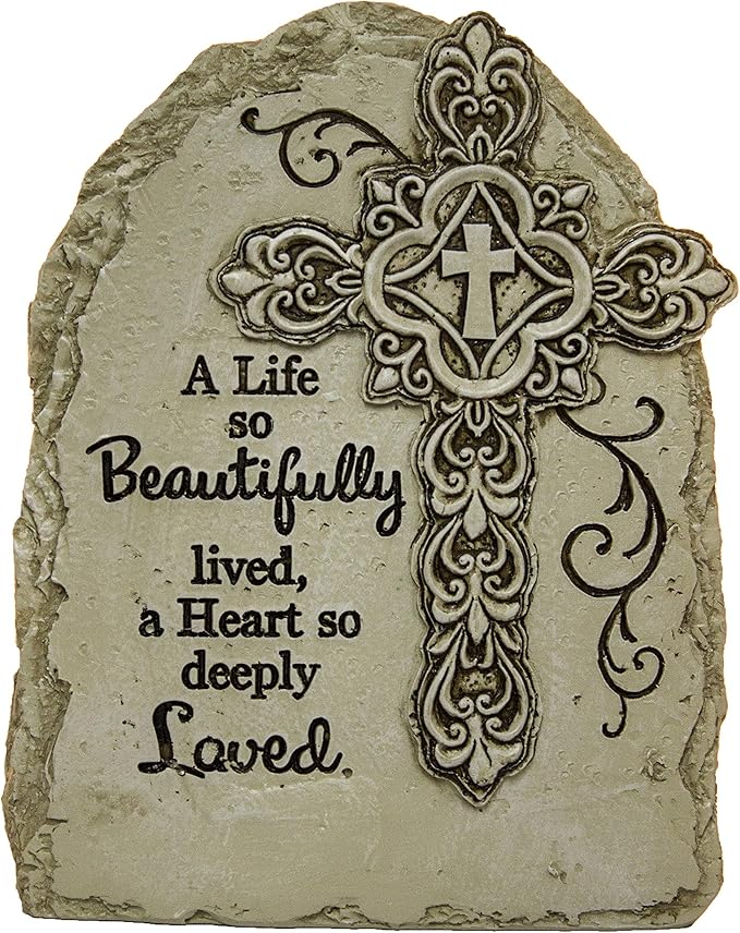7.5 Inch Tall Memorial Cross Polystone Garden Stone (Beautifully)