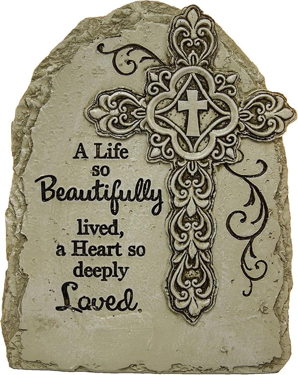 7.5 Inch Tall Memorial Cross Polystone Garden Stone (Beautifully)