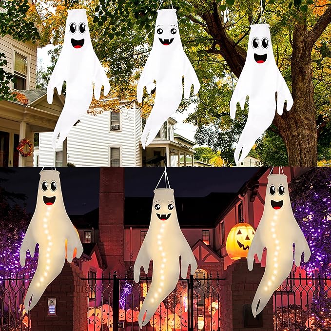 3PCS 43 Inch Halloween Lighted Hanging Ghost Windsocks Hanging Decorations for Tree, Fall LED Flag Wind Socks for Home Yard Outdoor Autumn Decor Party Supplies (Batteries Not Included,No Timer)