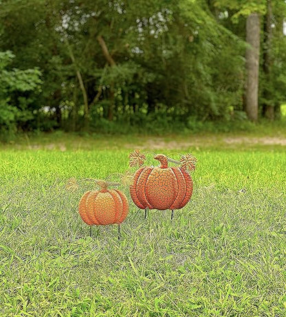 Garden Stakes Thanksgiving Fall Harvest Halloween Outdoor Metal Decor Orange Pumpkins 143&122 (Set of 2) 14.5"&11.5"