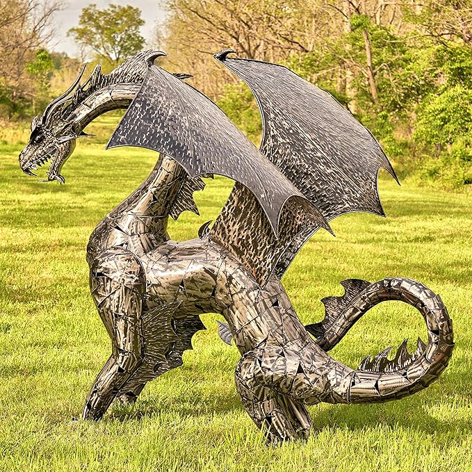 Zaer Ltd. Large Metal Dragon Statue, 89" L x 79" W x 73" H, Powder Coated (Metallic Silver)
