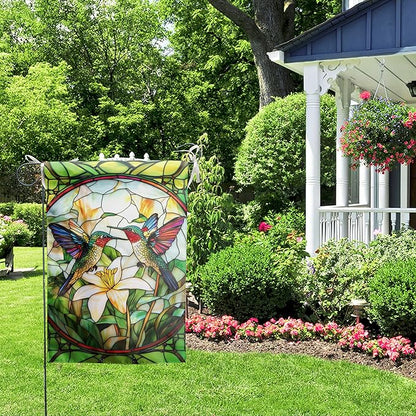 Stained Glass Hummingbird House Flag 28x40 Double Sided Large Decorative Flags For Outside Spring Floral Garden Flag Summer Flower Yard Flags for Lawn Porch Patio Decor