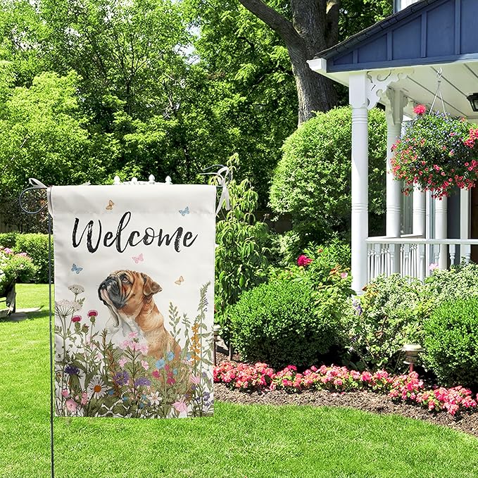 Spring Summer Garden Flag Floral English Bulldog Yard Flag Flower Dog Garden Flags for Outside Small Outdoor Welcome Flags 12x18 Double Sided
