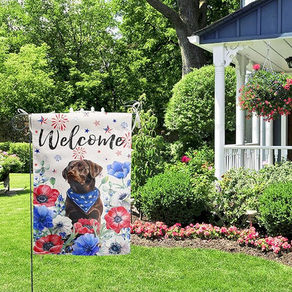 4th of July Chocolate Lab Garden Flag Red White Blue Floral Labrador Dog Yard Flags Small Memorial Independence Day Banner 12x18 Double Sided for Outside Outdoor Patriotic Decor