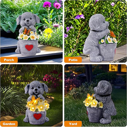 OTAVILEM Solar Garden Decor Dog Statue,Outdoor Dog Figurines with Bucket for Patio, Balcony, Backyard,Lawn Ornaments and Yard Decorations - Unique Gifts for Women, Mom,Grandma