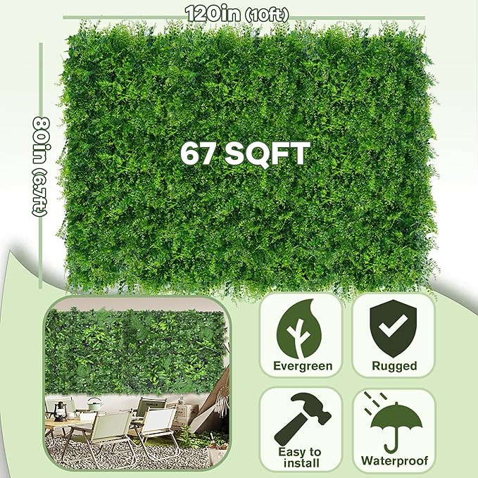 Greenery Faux Grass Wall Backdrop: 80"x120" (67 SQFT) UV-Anti Artificial Green Boxwood Panel for Patio Balcony Privacy & Ivy Fence Covering Privacy, Garden, Backyard Wall Backdrop Decor
