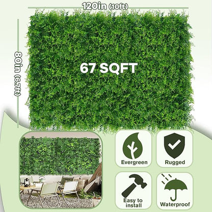 Greenery Faux Grass Wall Backdrop: 80"x120" (67 SQFT) UV-Anti Artificial Green Boxwood Panel for Patio Balcony Privacy & Ivy Fence Covering Privacy, Garden, Backyard Wall Backdrop Decor