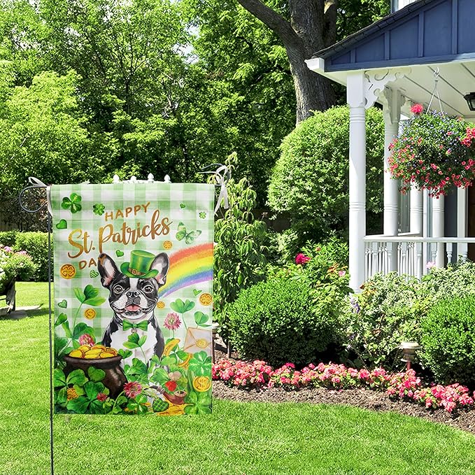 Boston Terrier St Patricks Day Garden Flag Dog St Patrick's Day Yard Flags for Outside 12x18 Double Sided Buffalo Plaid Shamrock Flag Small Outdoor Rainbow St Patrick's Decor