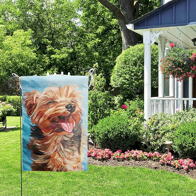 Happy Yorkie Garden Flag - Dog All-Weather Flag, Small Puppy Outdoor Seasonal Flag, 12 x 18 Inch, Vibrant Color, Double Sided, Holiday Yard Decor
