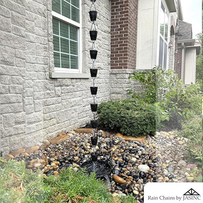 8.5 ft Ruffle Cups Hammered Black Powder Coated Aluminum, to Replace Roof Gutter Downspout, with Installation Kit, Rainwater Catcher/Water Diverter, JAS3003BLK