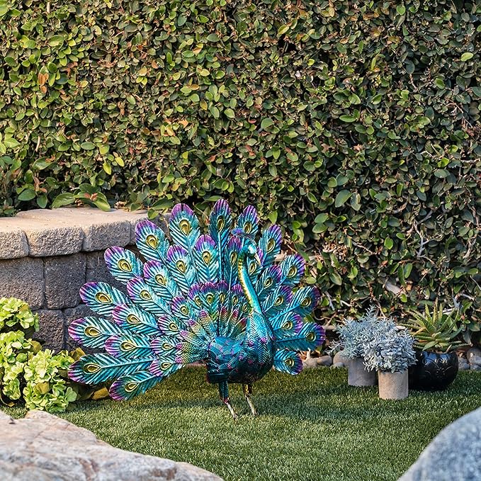 Alpine Corporation 23" Tall Outdoor Metallic Peacock Tail Spread Yard Statue, Vibrant Garden Sculpture for Patio, Lawn, or Entryway, Multicolor