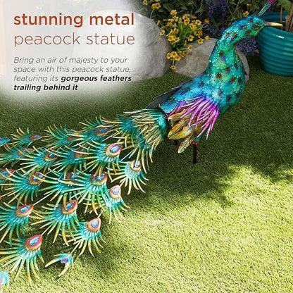 Alpine Corporation HEH378 Metal Jumbo Sized Majestic Peacock Decor, Elegant Garden & Patio Bird Statue, 33" H, Blue