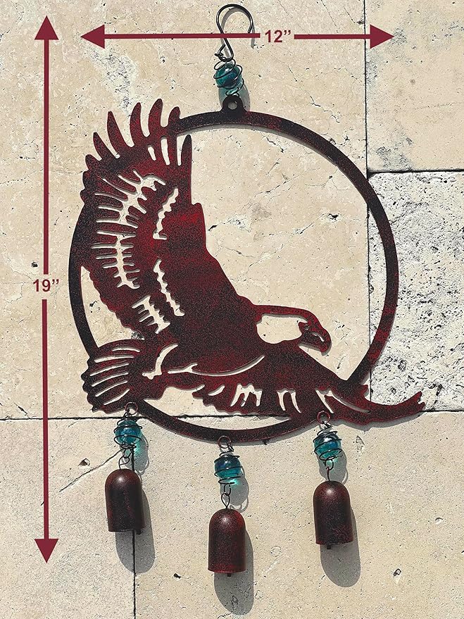 Wind Chime Eagle American Hanging Decor for Outdoor Metal W Glass Rustic Lawn Yard Patriotic 19" x 12"