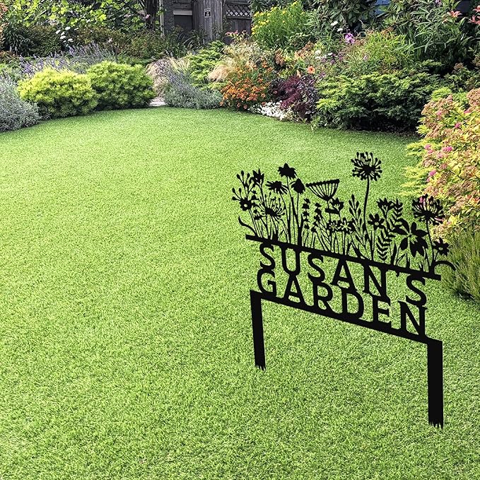 Custom Flowers Metal Garden Decor, Sign for Flower Beds, Personalized Flowers Garden Sign with Stakes, Metal Yard Art, Gift for Grandmother, Patio Decor, Farmhouse Decorations, Mom Gift
