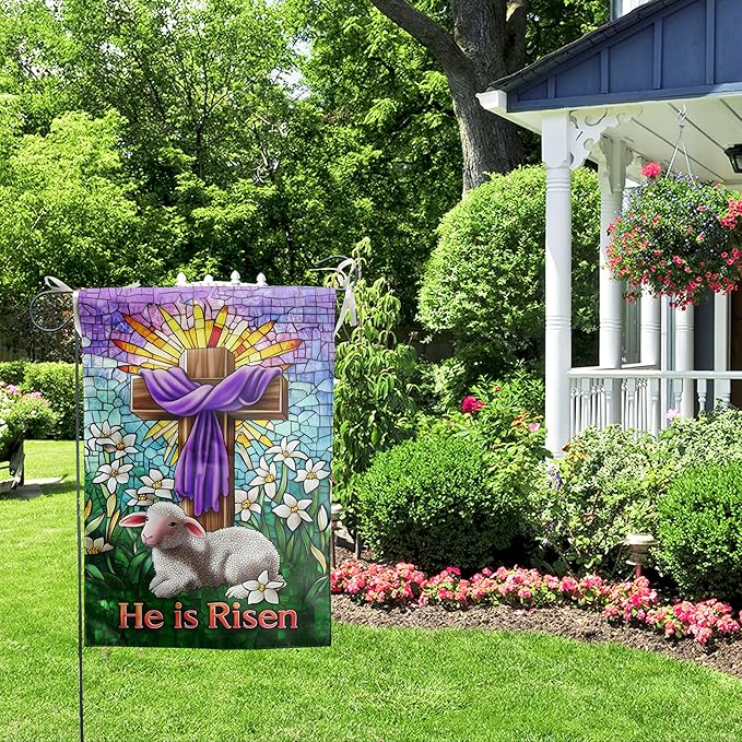 Christian Easter Garden Flags for Outside 28x40 Double Sided He Is Risen House Flag Religious Easter Lamb Decor Stained Glass Cross Flag Lily Spring Outdoor Flag Large