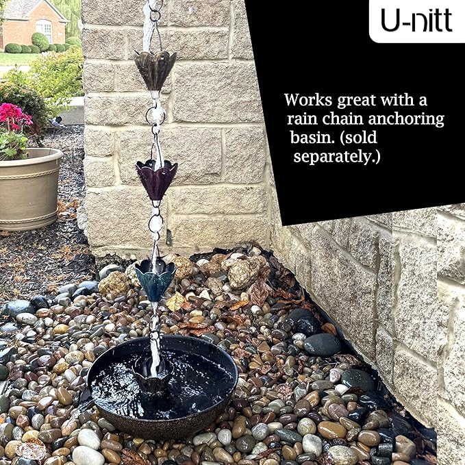 U-nitt Rain Chain Water Collection for Gutters Rainwater Catcher & Diverter, 8.5 FT Chains for Outside Garden, Multi Color Cups, Roof Downspout, Works with Heavy Rain, w/Gutter Clip for Rainchains