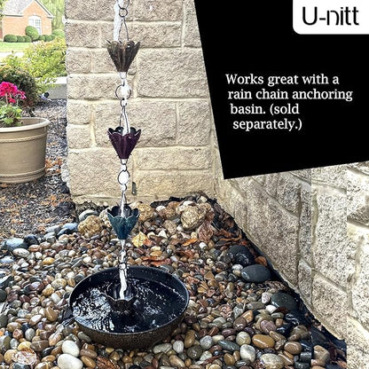 U-nitt Rain Chain Water Collection for Gutters Rainwater Catcher & Diverter, 8.5 FT Chains for Outside Garden, Multi Color Cups, Roof Downspout, Works with Heavy Rain, w/Gutter Clip for Rainchains