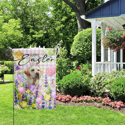 Happy Easter Labrador Dog Garden Flag White Lab Spring Flags Buffalo Plaid Bunny Eggs Yard Flag for Outside 12x18 Double Sided Small Decorative Floral Outdoor Flag