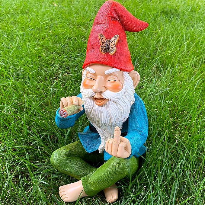Mood Lab Funny Garden Gnome - Relaxed Smoking Statue with Middle Finger - 9.6 Inch Tall Outdoor or Indoor Decor
