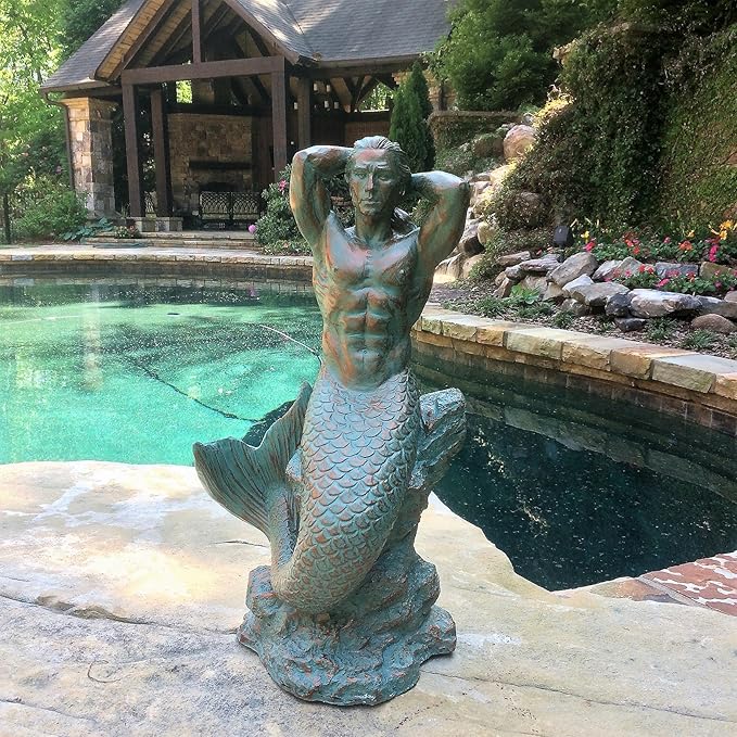 homestyles 21 in. Sexy Triton Merman Male Mermaid on Nautical Rock Bronze Patina Beach and Pool Statue