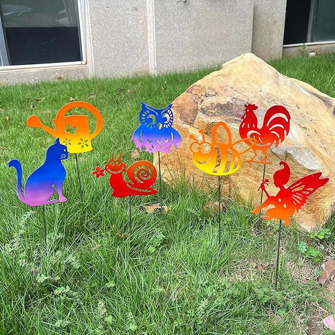 7PCS Metal Small Animal Decoration Stakes with Owl, Cat, Bee, Rooster, Snail, Fairy, and Flower Pot Designs - Hollow Out Silhouette Yard Art for Outdoor Patio Lawn Garden Decor