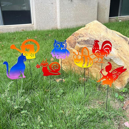 7PCS Metal Small Animal Decoration Stakes with Owl, Cat, Bee, Rooster, Snail, Fairy, and Flower Pot Designs - Hollow Out Silhouette Yard Art for Outdoor Patio Lawn Garden Decor