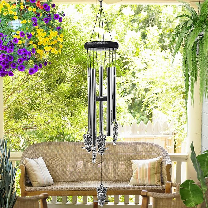 Owl Windchimes - Silver Metal Owls - Mobile Musical Wind Chime - Porch Deck Garden - 26" Long