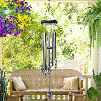 Owl Windchimes - Silver Metal Owls - Mobile Musical Wind Chime - Porch Deck Garden - 26" Long