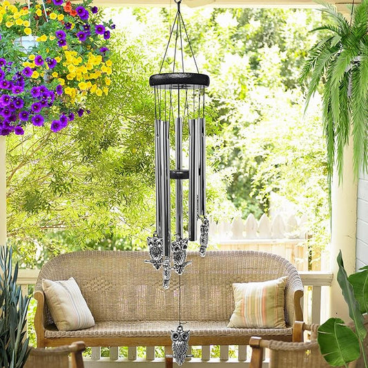 Owl Windchimes - Silver Metal Owls - Mobile Musical Wind Chime - Porch Deck Garden - 26" Long