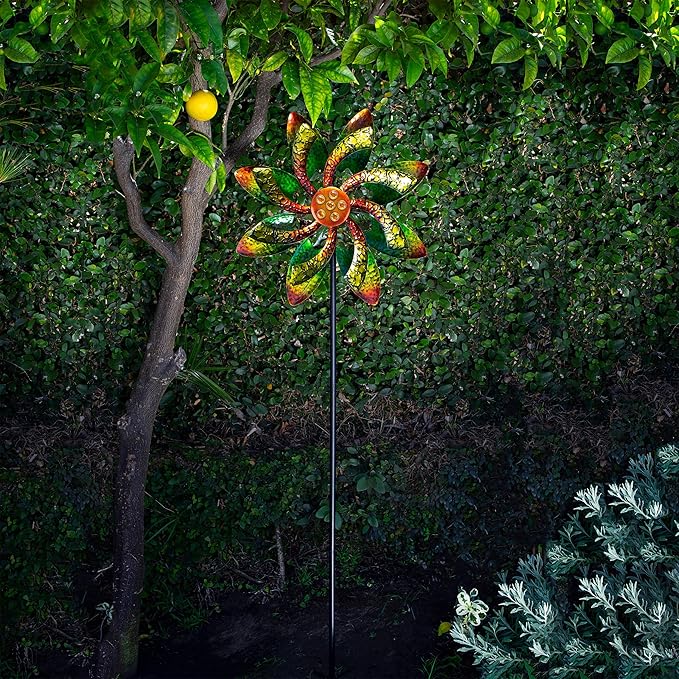 Alpine Corporation 64" Tall Floral Windmill Stake with Jeweled Kinetic Spinner, Green and Orange